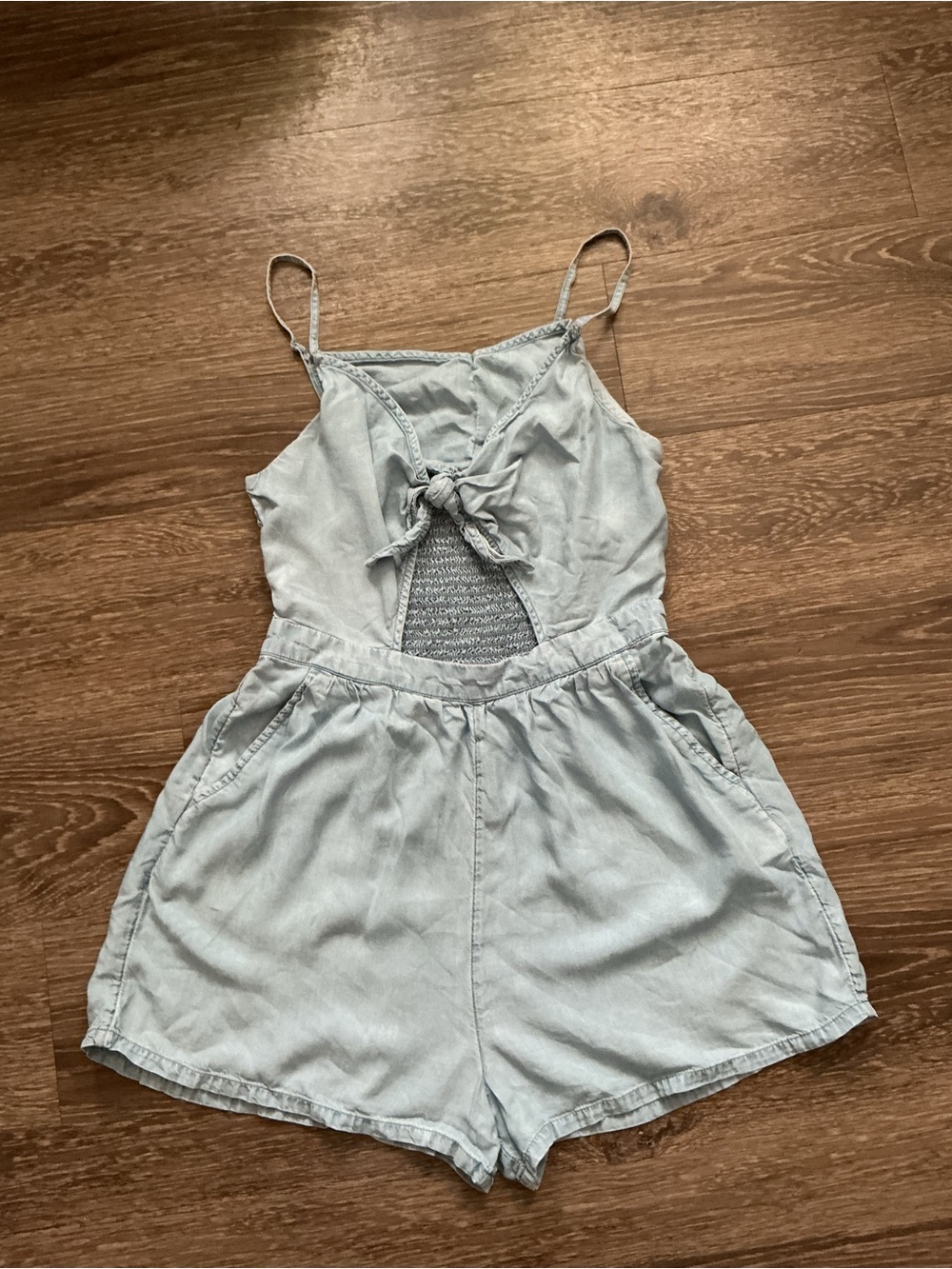 aerie Light Wash Tie Front Cutout Denim Romper